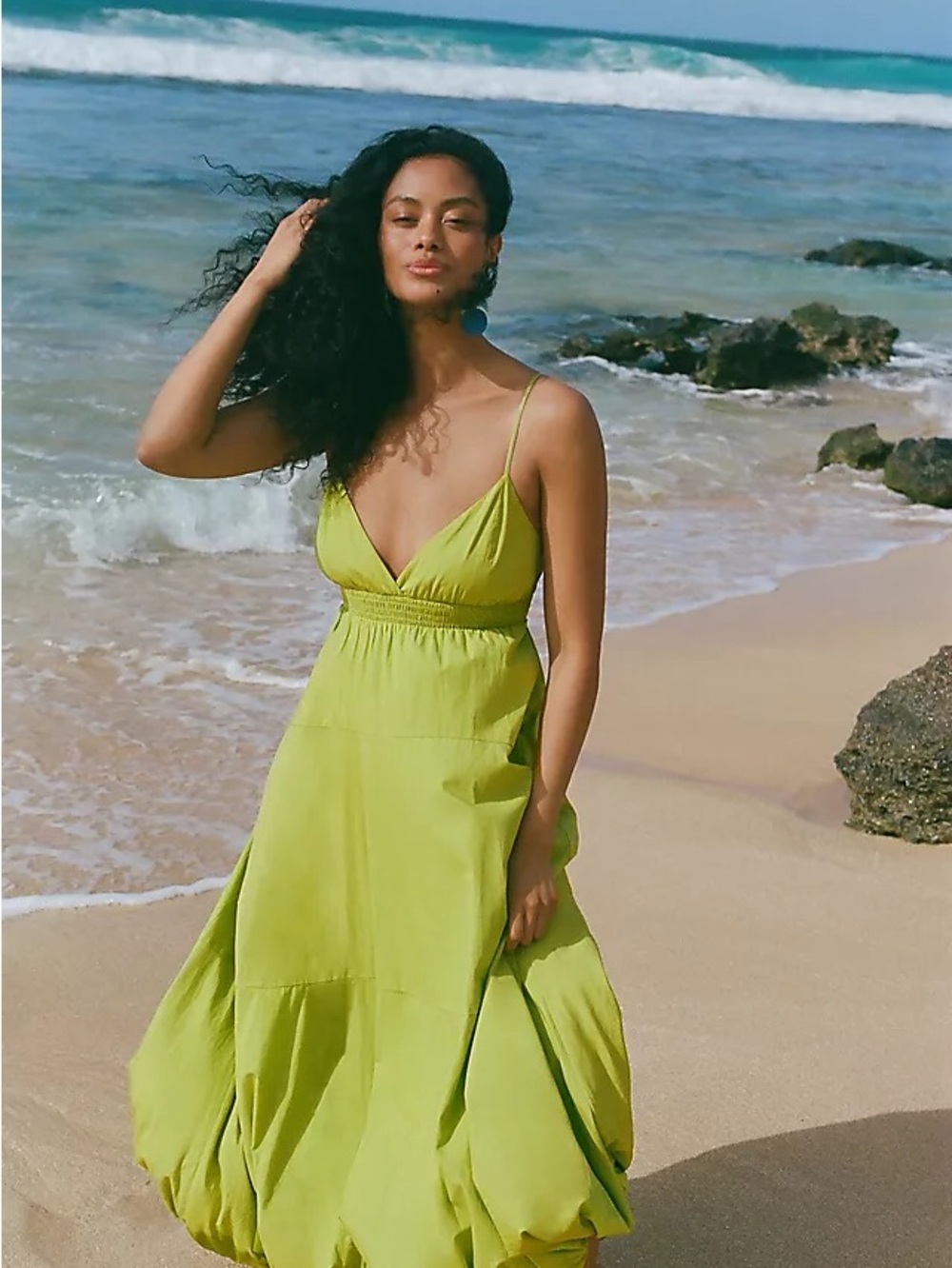 Anthropologie V-neck Tiered Bubble-hem Dress Size L Lime Green 100% cotton